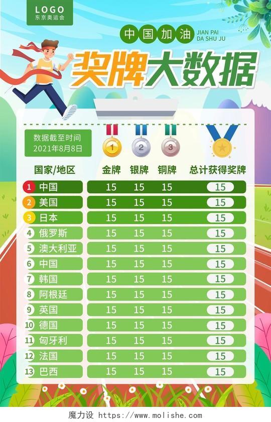 绿色运动跑步体育插画比赛加油数据榜东京奥运会奖牌模板